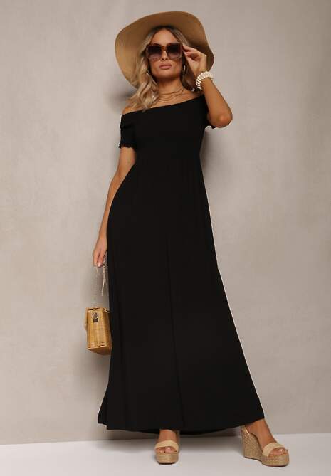 Czarna Sukienka Bawełniana z Rozkloszowanym Dołem i Hiszpańskim Dekoltem Barino