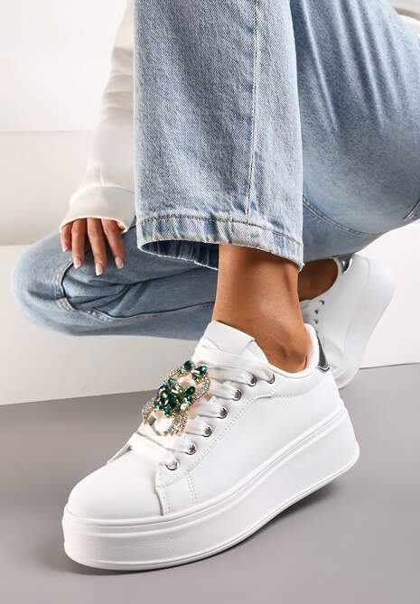 Biało-Zielone Sneakersy z Platformą i Odpinanymi Biżuteryjnymi Aplikacjami na Sznurówkach Tamaki