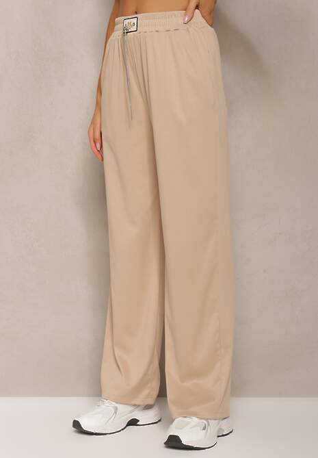 Pantaloni bej High Waist cu Croi Larg și Lanț la Talie Ustar 4