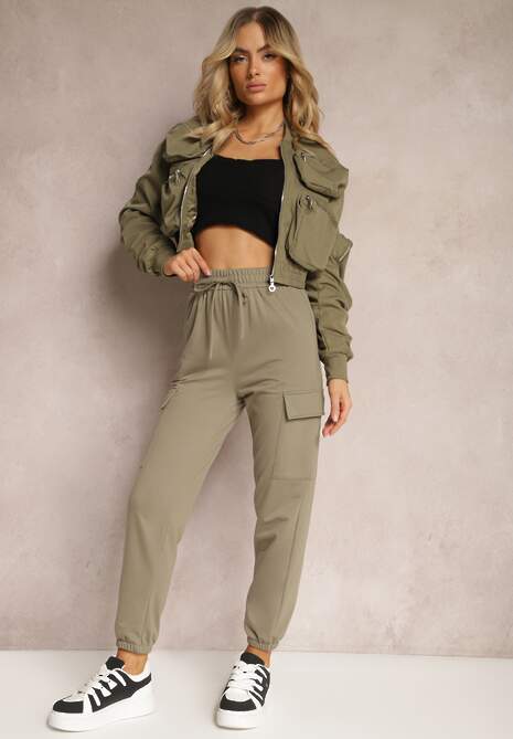 Pantaloni largi verde închis din bumbac cu elastic în talie stil sport cargo Lofriena 4