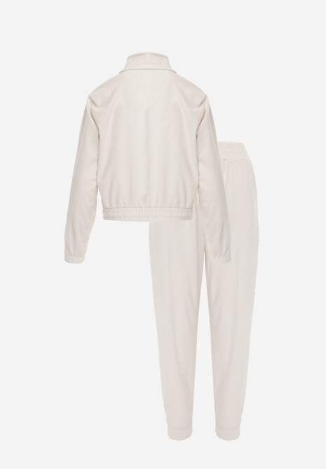 Set trening de culoare bej deschis, cu dungi, bluză cu fermoar și guler, pantaloni Lisulla 7