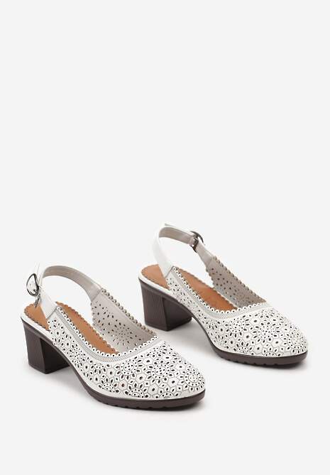 Białe Ażurowe Sandały na Obcasie Sling-Back ze Skóry Naturalnej Fioralle 5