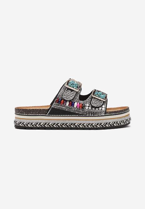 Papuci Negre în Stil Boho pe Platformă Împletită cu Cataramă și Pietre Zirconiu Antella 4