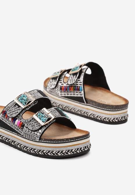 Papuci Negre în Stil Boho pe Platformă Împletită cu Cataramă și Pietre Zirconiu Antella 6