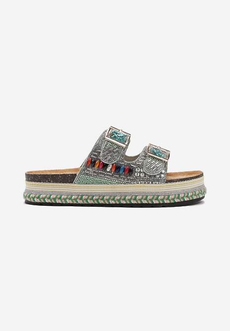 Papuci Verzi în Stil Boho pe Platformă Împletită cu Cataramă și Pietre Strass Antella 4