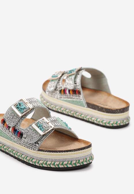 Papuci Verzi în Stil Boho pe Platformă Împletită cu Cataramă și Pietre Strass Antella 6