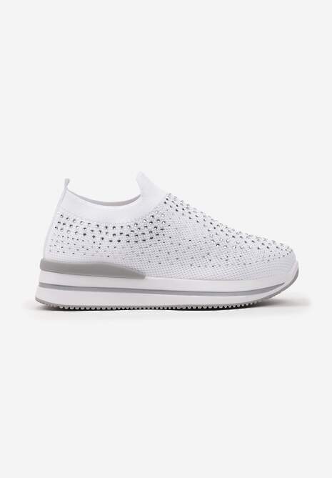 Białe Wsuwane Buty Sportowe Ozdobione Cyrkoniami na Płaskiej Podeszwie Ustetellia 4