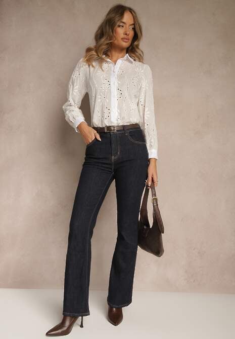 Biała Haftowana Koszula z Rękawem z Możliwością Regulowania Zapinana na Guziki Illviana