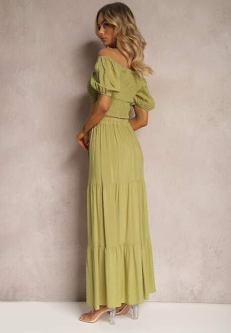 Set Verde din Vascoză cu Fustă Clopot și Bluză Tip Carmen Veronica 4