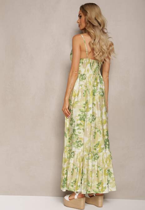 Rochie verde evazată cu imprimeu floral din bumbac și viscoză cu fundă la decolteu Nasima 4