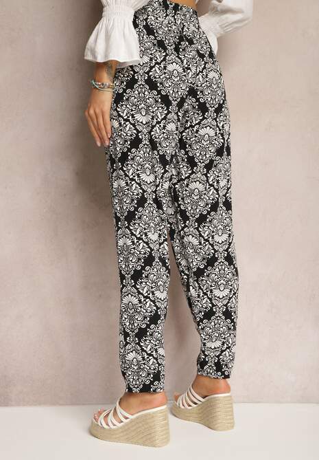 Pantaloni Negru-Alb din Viscoză cu Elastic în Talie și Model Ornamental Heronima 5
