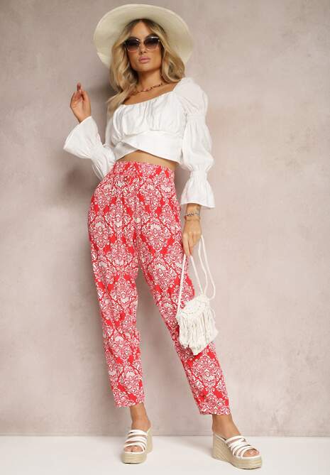 Pantaloni Roșii din Viscoză cu Elastic în Talie și Model Ornamental Heronima 4