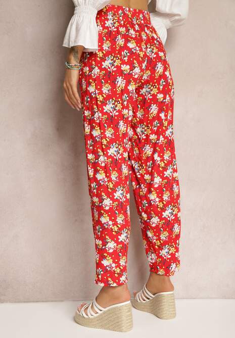 Pantaloni roșii din viscoză cu elastic în talie cu model floral Tellnama 5