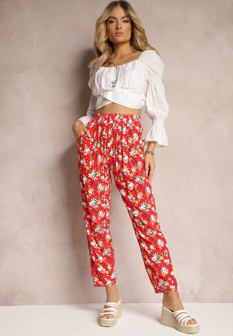 Pantaloni roșii din viscoză cu elastic în talie cu model floral Tellnama 4