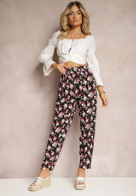Pantaloni negri din viscoză cu elastic în talie cu model floral Tellnama 4