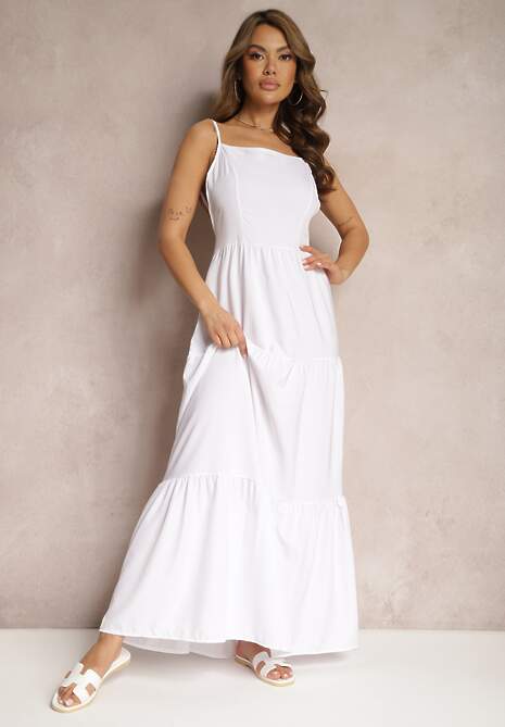 Biała Sukienka o Rozkloszowanym Fasonie Wiązana i Wykończona Gumką z Tyłu Hililena