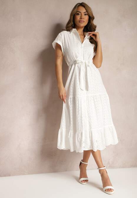 Biała Koszulowa Sukienka z Ażurowej Bawełny Wiązana w Talii Lulilena
