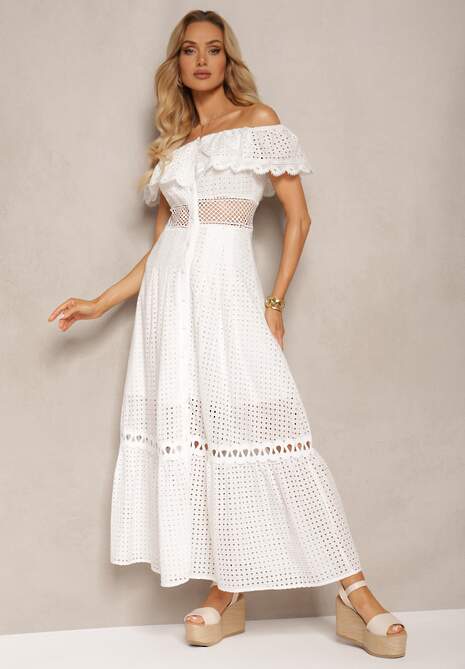 Biała Bawełniana Sukienka Hiszpanka z Falbanką Przy Dekolcie i Ażurowym Zdobieniem Anovela