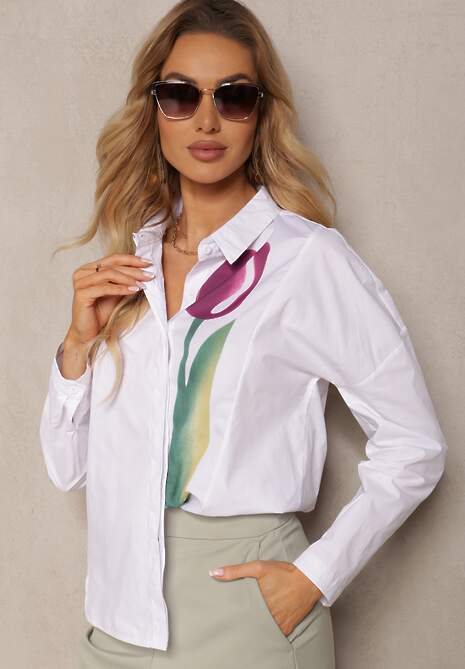 Biała Bawełniana Koszula z Printem w Kształcie Tulipana Aneida
