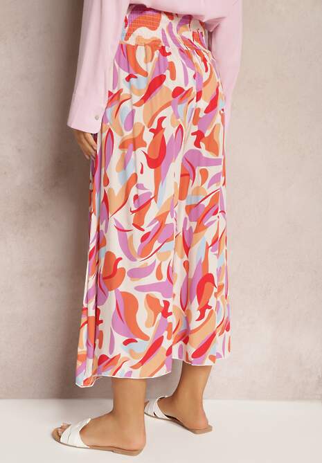 Pantaloni Culottes Bej și Roz din Viscose cu Talie Înaltă și Elastic în Talie Alaqinta 5