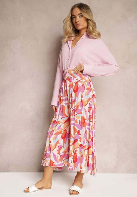 Pantaloni Culottes Bej și Roz din Viscose cu Talie Înaltă și Elastic în Talie Alaqinta 4