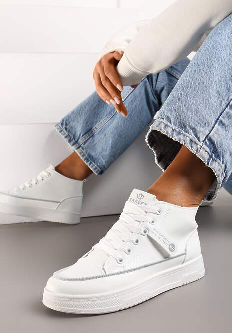 Biało-Szare Sznurowane Sneakersy na Płaskiej Podeszwie za Kostkę z Ozdobnym Elementem Andeeila