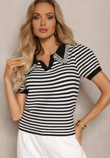 Czarno-Biała Wiskozowa Bluzka w Paski ze Zdobieniami na Kołnierzyku Veniala 4