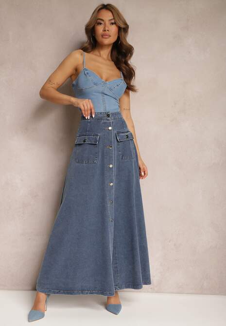 Fustă Neagră Maxi Evazată din denim de bumbac cu Lanț Decorativ