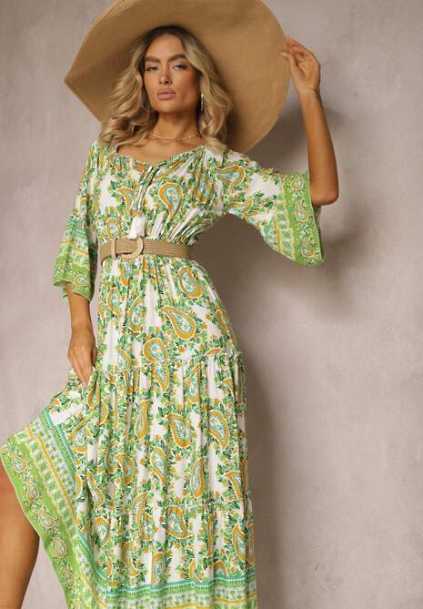 Zielona Sukienka Hiszpanka na Lato z Bawełny z Wzorem Paisley i Gumką w Talii Larietta