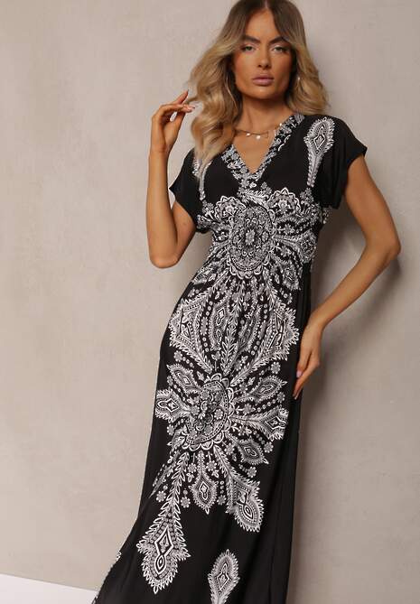 Rochie Neagră de Vară cu Elastic în Talie Decolteu Încrucișat și Imprimeu Ornamental Avilepea 4