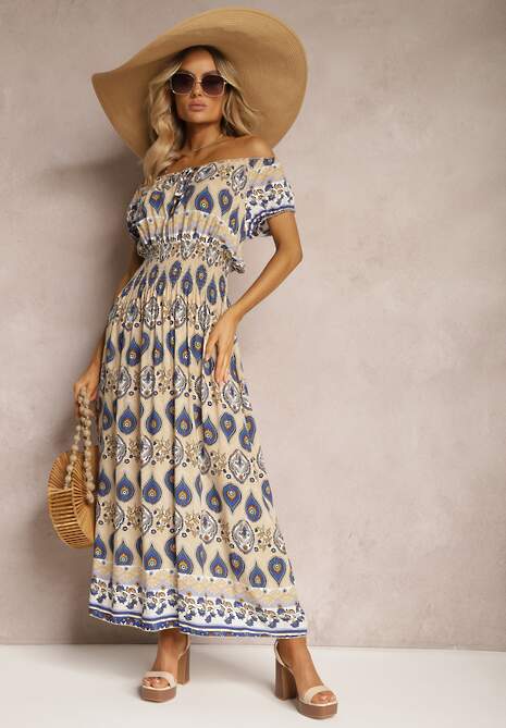 Beżowo-Niebieska Sukienka na Lato z Bawełny z Modelującą Gumką w Talii Deorna