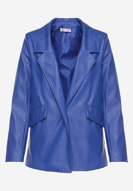 Sacou albastru din piele ecologică, neîncheiat, cu umeri îmbrăcați Suniya 6