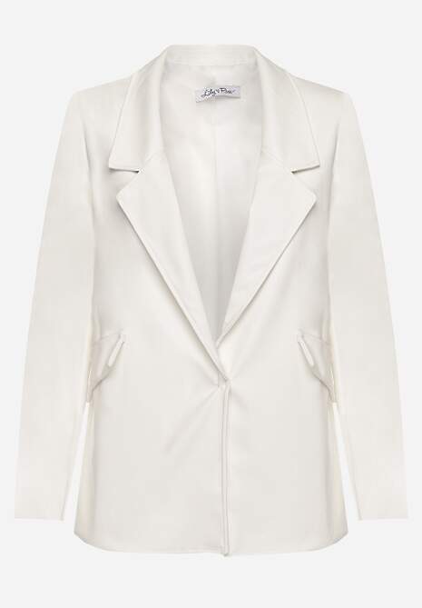 Jachetă albă tip cutie din piele ecologică fără închidere cu pernițe pe umeri Suniya 6