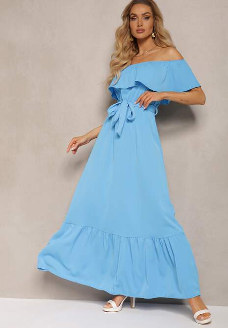 Niebieska Hiszapanka Sukienka o Rozkloszowanym Fasonie z Falbanką Naviara