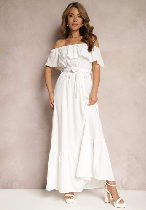 Biała Hiszapanka Sukienka o Rozkloszowanym Fasonie z Falbanką Naviara