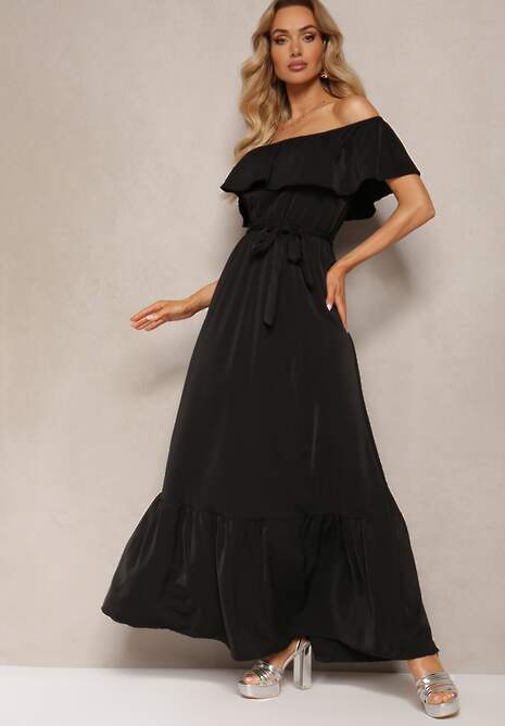Czarna Hiszapanka Sukienka o Rozkloszowanym Fasonie z Falbanką Naviara