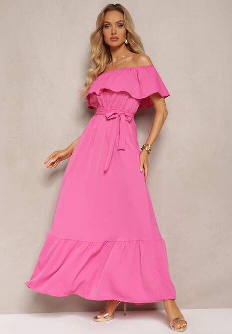 Różowa Hiszapanka Sukienka o Rozkloszowanym Fasonie z Falbanką Naviara