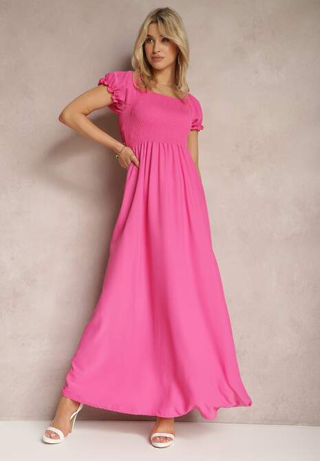 Różowa Sukienka z Gumeczkami w Talii i Przy Dekolcie z Rozkloszowanym Dołem Anideta