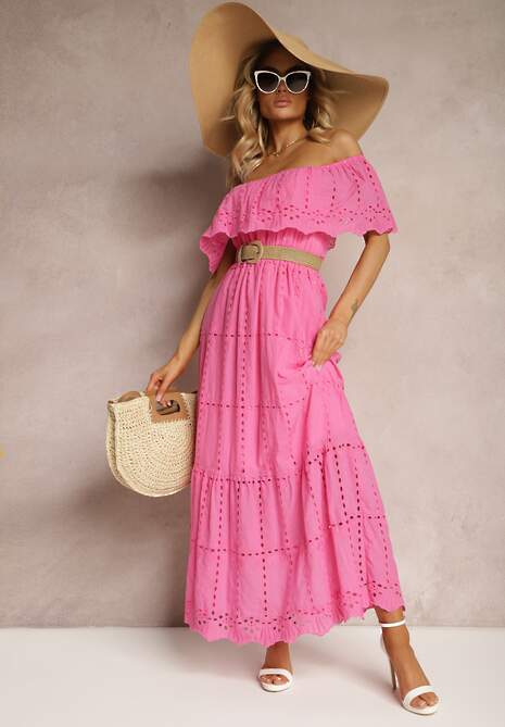 Różowa Rozkloszowana Sukienka z Falbankami Typu Hiszpanka Vianelle