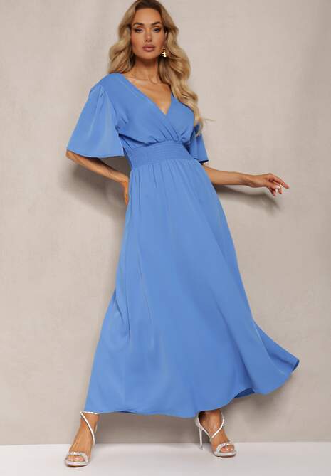 Niebieska  Sukienka z Luźnymi Rękawami Wiązaniem z Wycięciem na Plecach i Gumką w Talii Valenta