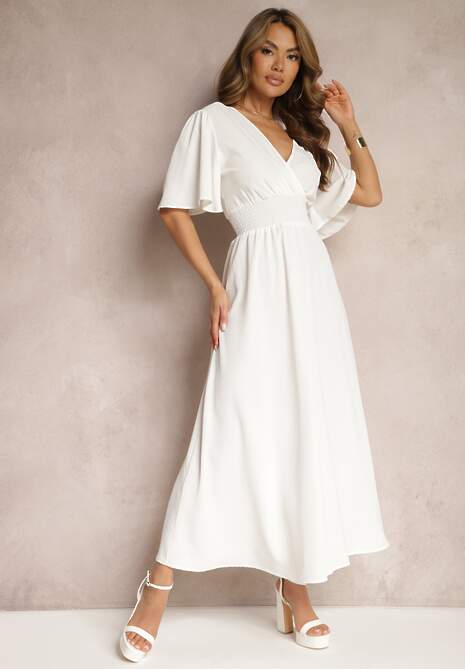 Biała Sukienka z Luźnymi Rękawami Wiązaniem z Wycięciem na Plecach i Gumką w Talii Valenta