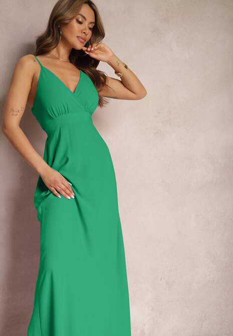 Zielona Kopertowa Sukienka o Rozkloszowanym Fasonie na Ramiączkach Piavana