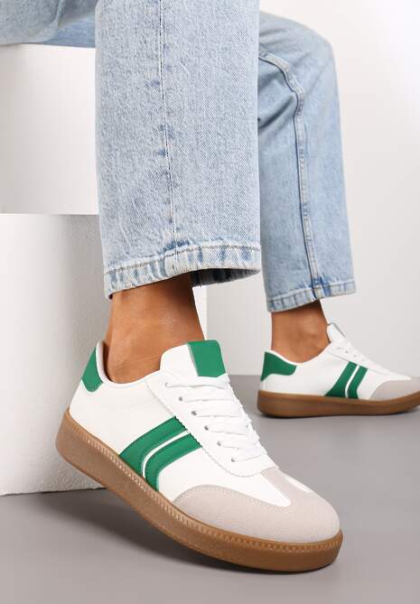 Biało-Zielone Sznurowane Sneakersy Tenisówki z Kauczukową Podeszwą Gialessa