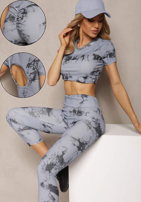 Szary Komplet Sportowy z Printem Tie-Dye z Koszulą Cropped i Legginsami Davenia