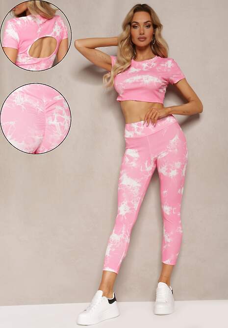 Różowy Komplet Sportowy z Printem Tie-Dye z Koszulką Cropped i Legginsami Davenia