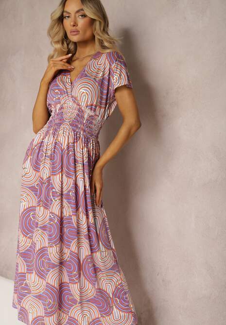 Fioletowo-Różowa Sukienka z Wiskozy w Stylu Boho z Krótkim Rękawem i Gumką w Talii Urisa