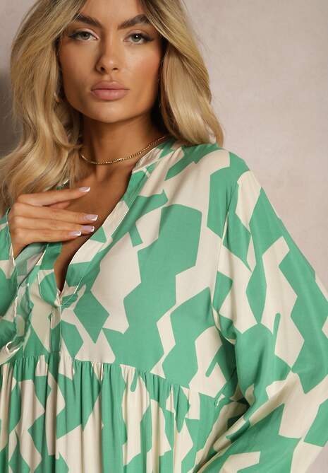 Rochie verde din viscoză evazată cu mâneci evazate Tesakate 5