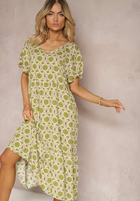 Zielona Rozkloszowana Sukienka z Wiskozy Ozdobiona Mozaikowym Printem Elleda