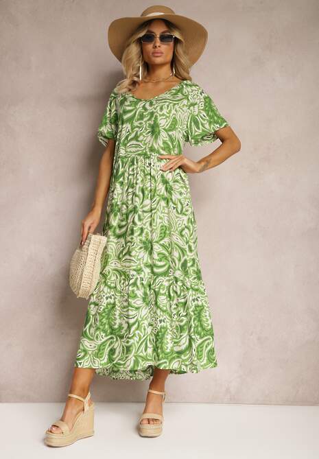 Zielona Sukienka z Wiskozy Zdobiona Falbankami z Krótkim Rękawem Danibella