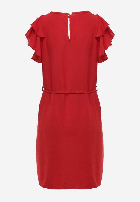 Czerwona Rozkloszowana Sukienka z Falbankami przy Rękawach Wiązana w Talii Paskiem Rissada 7